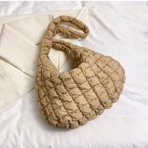 Amazon Quilted Puffer Shoulder Bag in Beige Tan